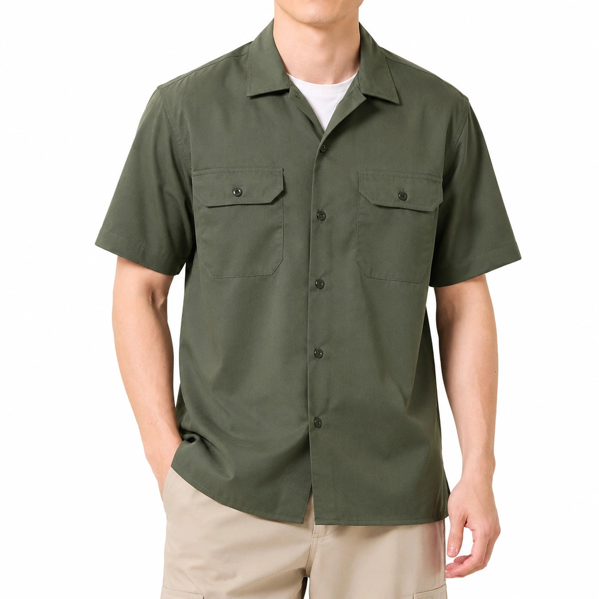 Camicia uomo taglia M in tessuto verde oliva a maniche corte con tasche