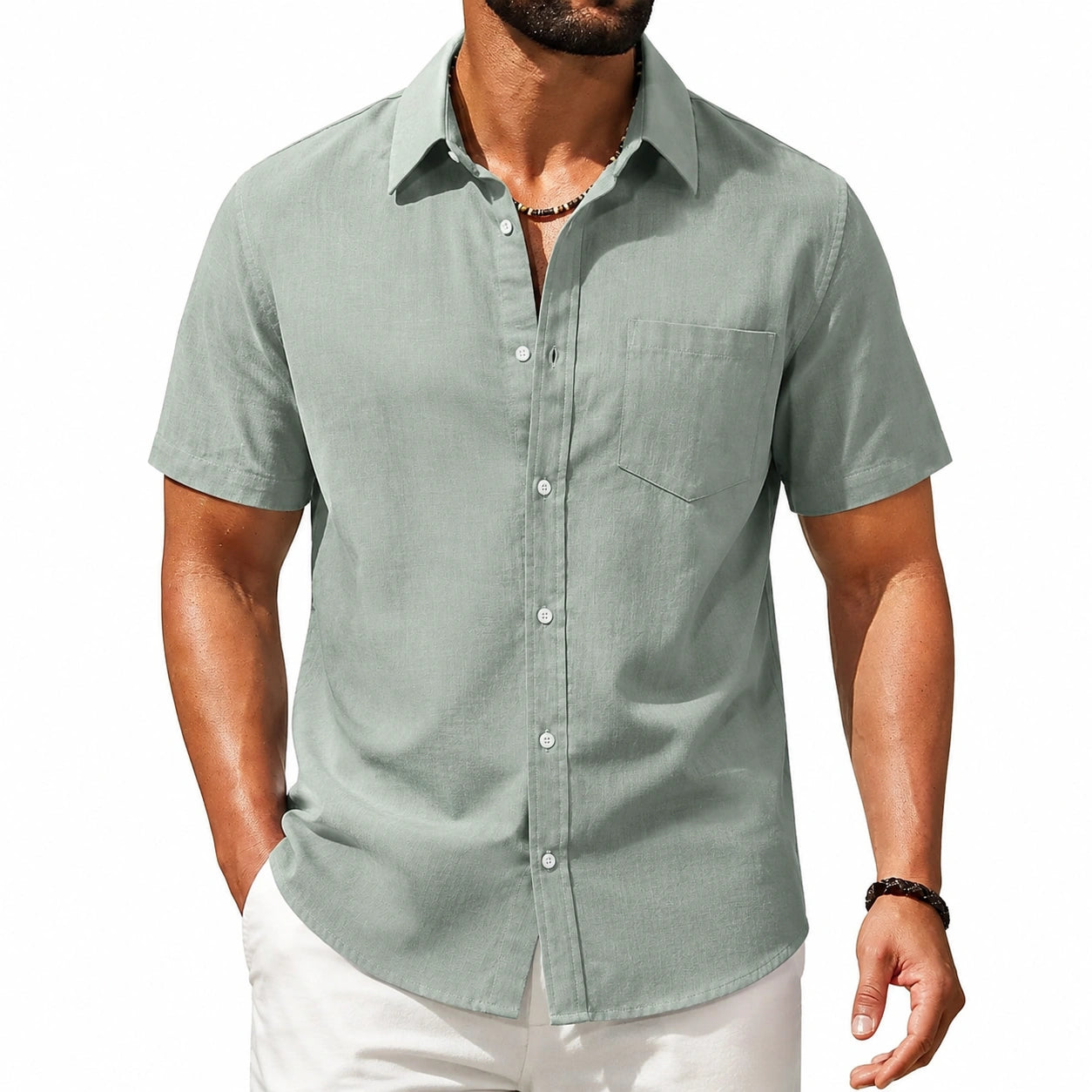Camicia uomo L in tessuto leggero verde salvia a maniche corte con taschino