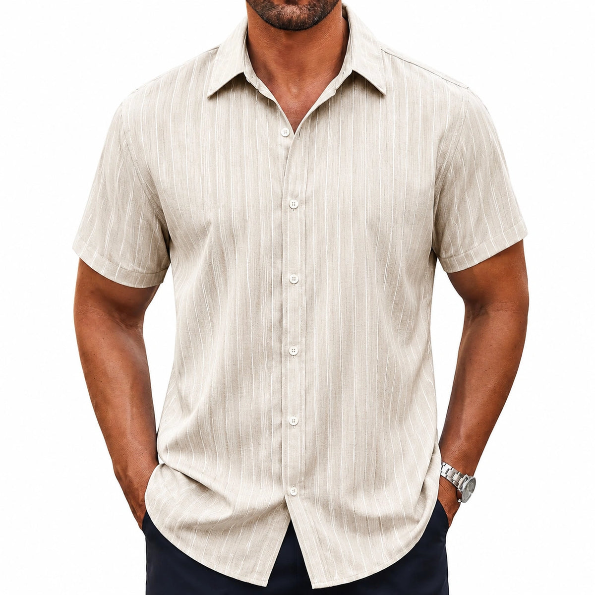 Camicia da uomo taglia L in tessuto effetto lino beige a righe - manica corta casual