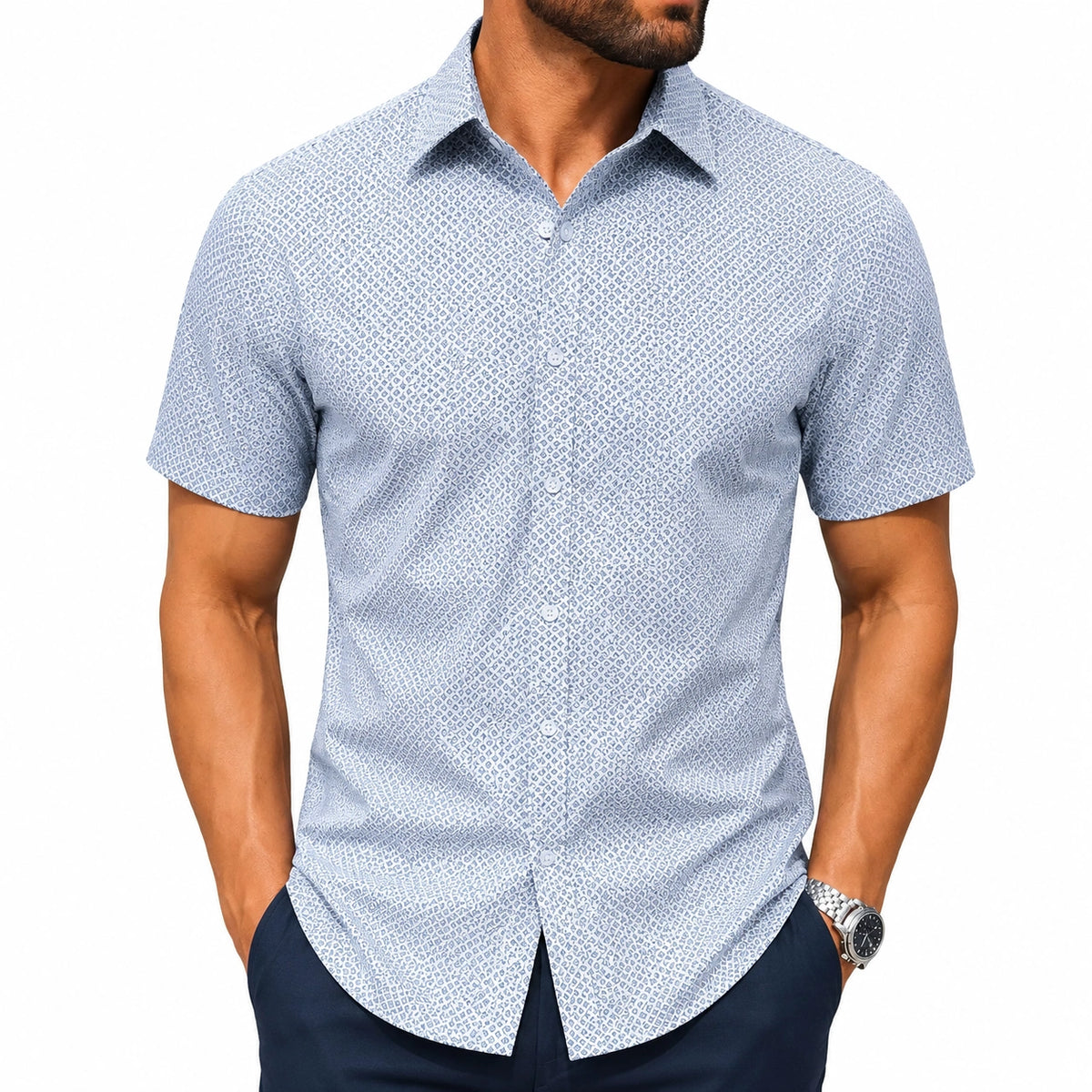 Camicia da uomo taglia L in tessuto azzurro a maniche corte con motivo geometrico
