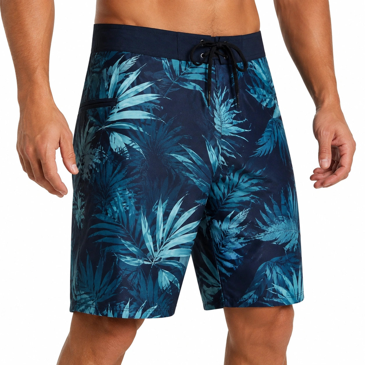 Costume da bagno uomo taglia M blu navy turchese con stampa foglie - pantaloncino mare con coulisse