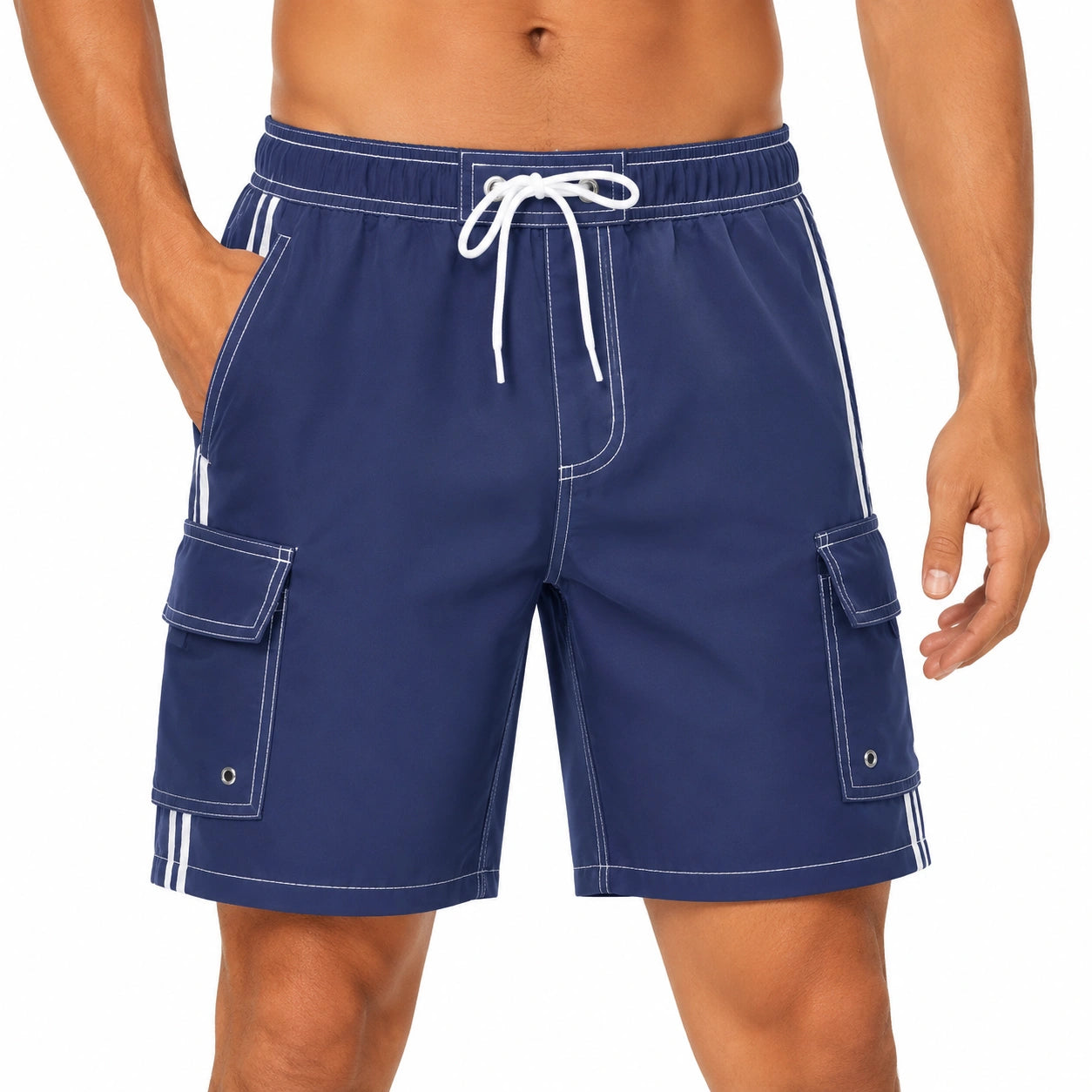 Costume da bagno uomo M in tessuto sintetico blu navy stile cargo
