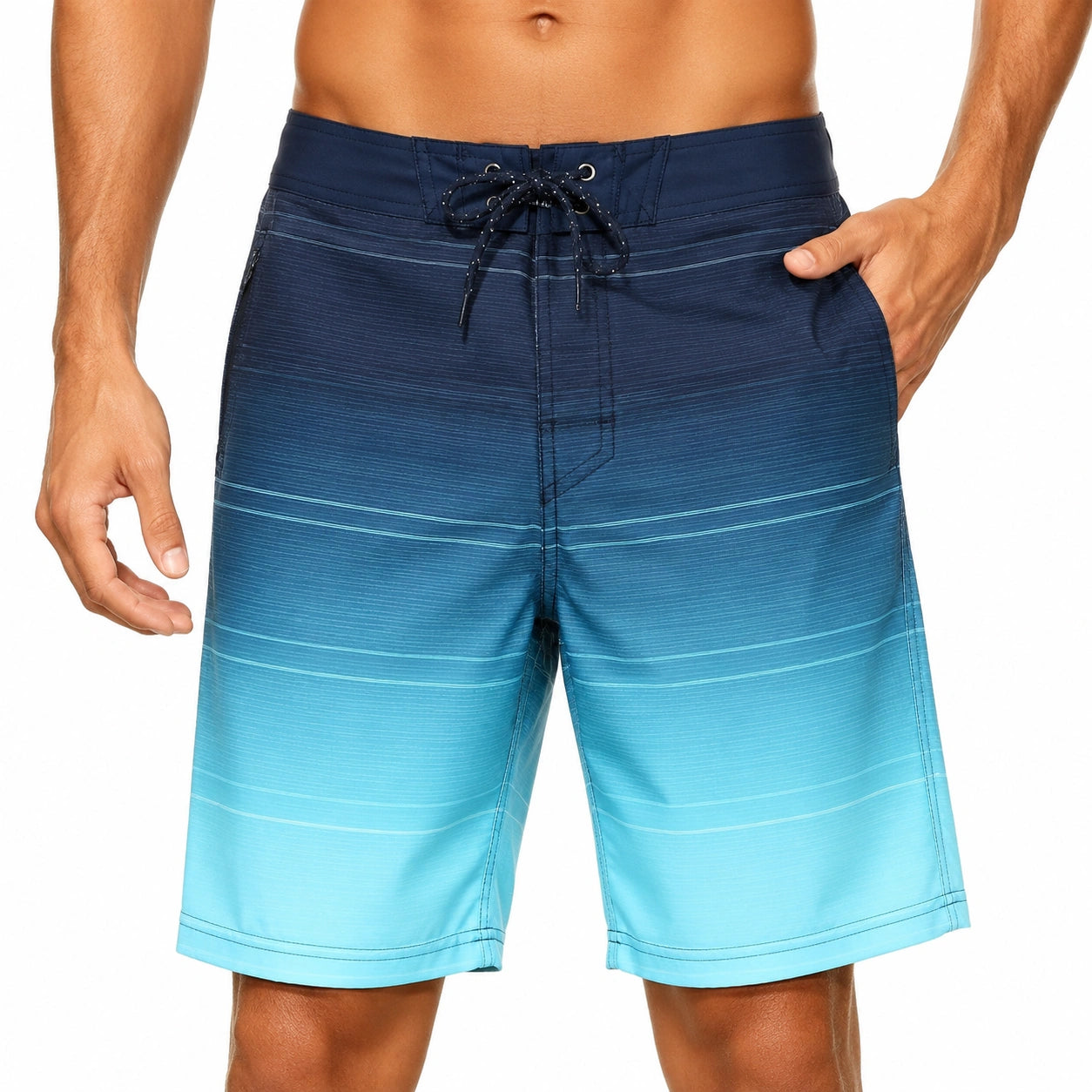 Costume da bagno uomo L in tessuto sintetico blu turchese sfumato a righe con tasche