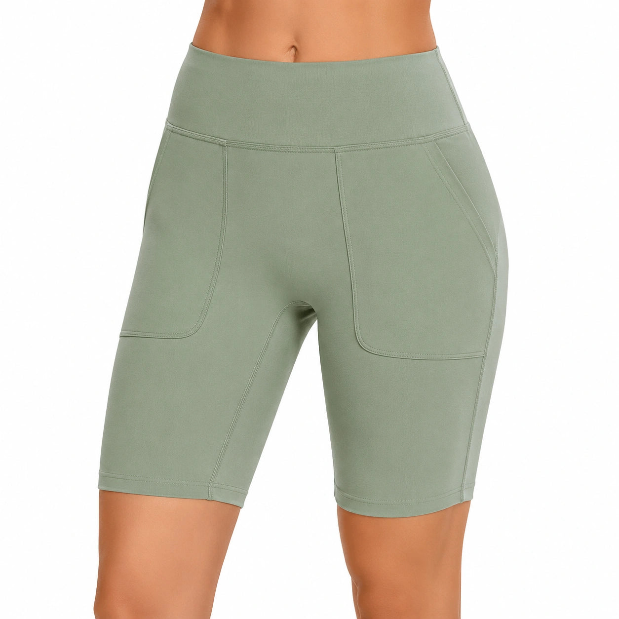 Short ciclista donna taglia S in tessuto elasticizzato verde salvia a vita alta per attività sportive