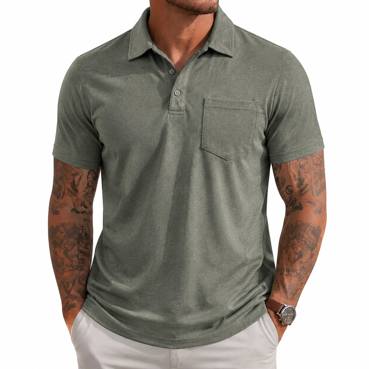 Polo uomo L verde oliva effetto scamosciato a maniche corte con taschino