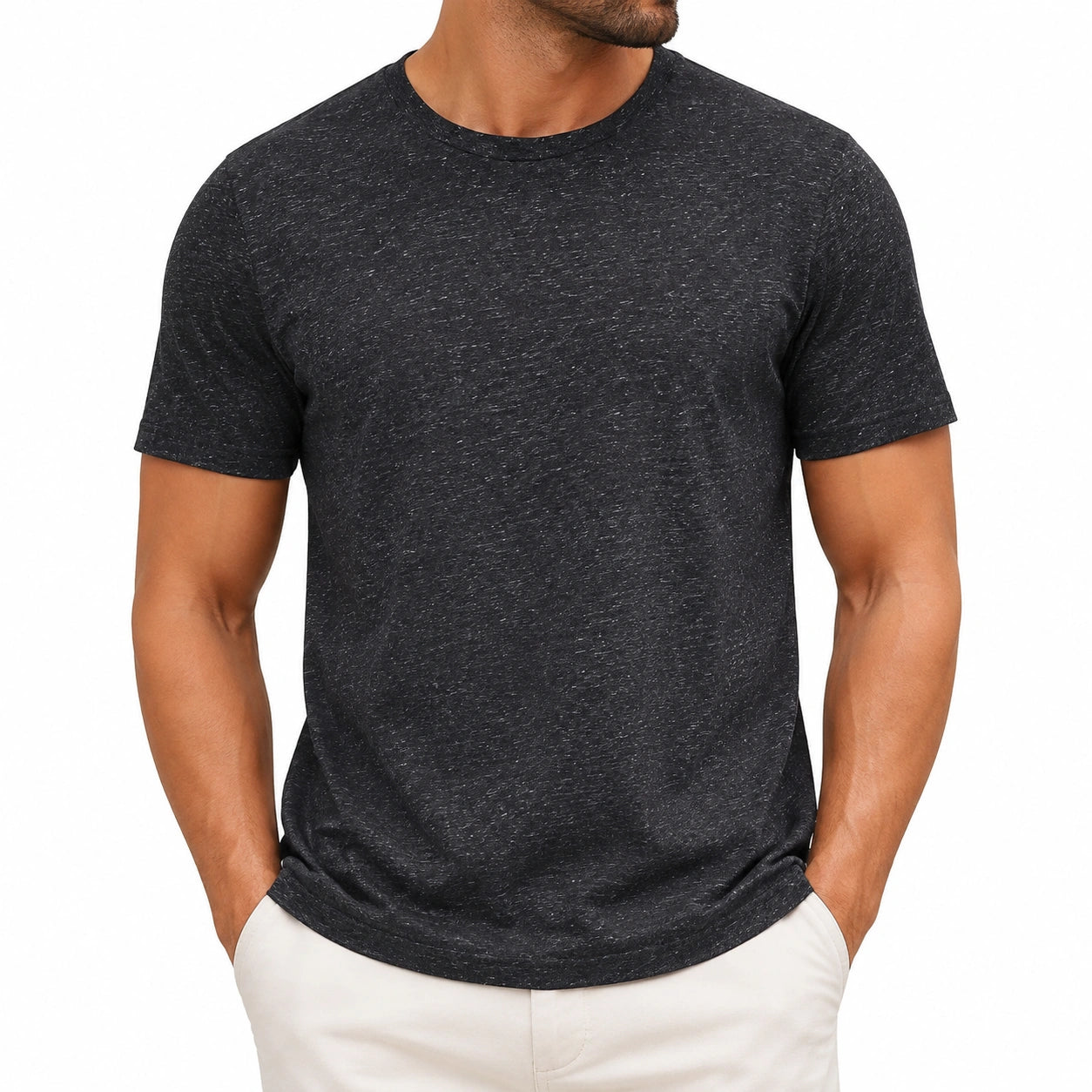 T-shirt uomo L in tessuto nero mélange a maniche corte stile casual