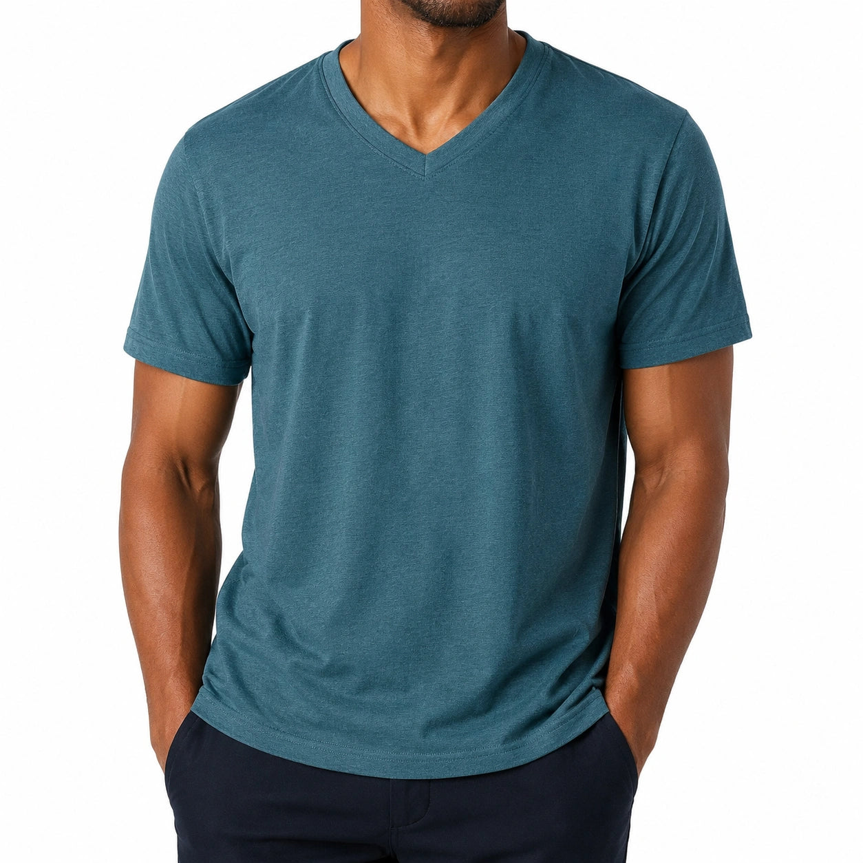 T-shirt uomo taglia L in tessuto blu petrolio a maniche corte con scollo a V